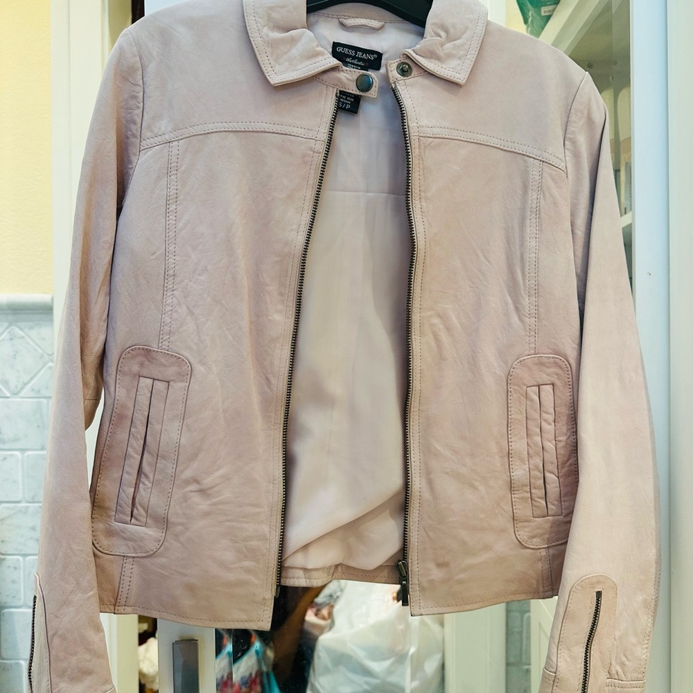 Guess Women's Pale Blush Leather Zip Jacket